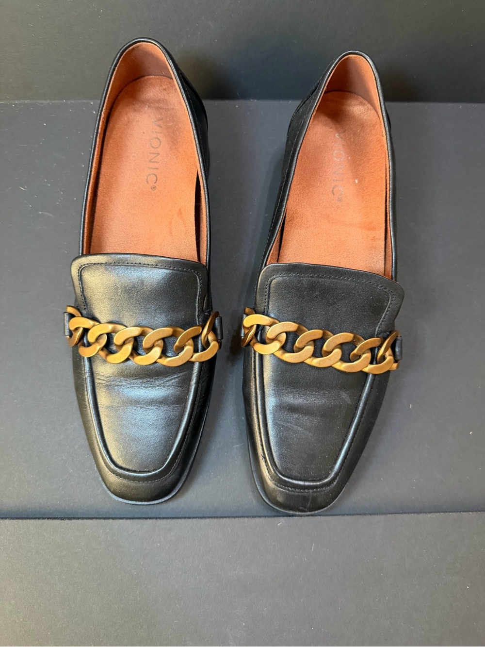 Vionic Black Loafers with Gold-Tone Decorative Chain